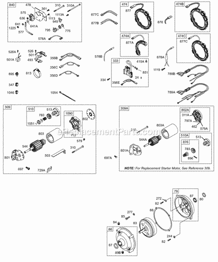 Alternator Electric Starter Gear Reducer Diagram and Parts List for 256422-1070-E1  Briggs and Stratton Engine